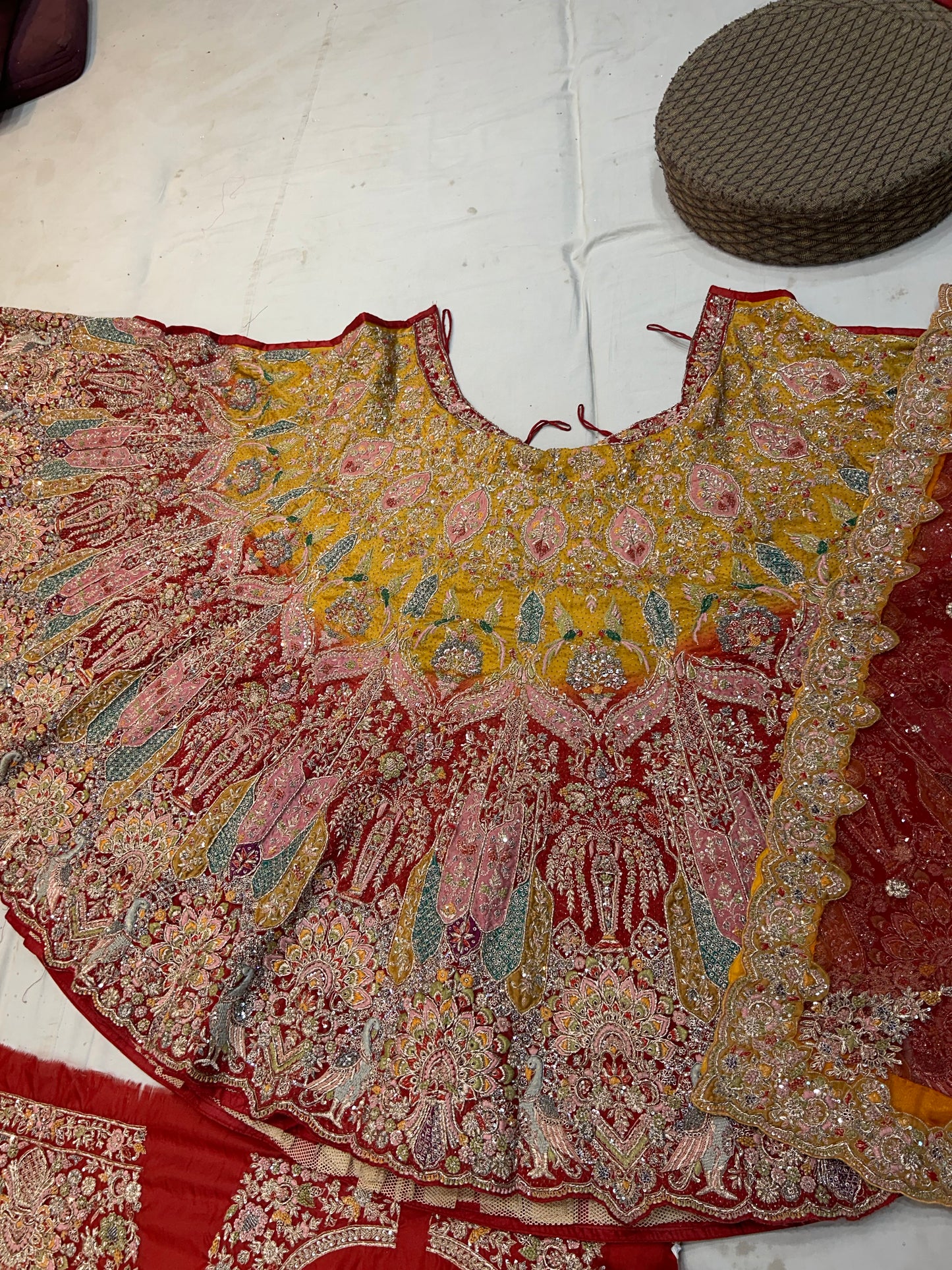 Astonishing Red yellow Peacock Handwork Lehenga