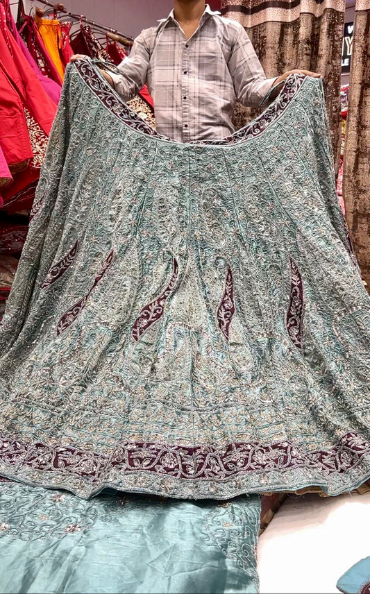 Attractive blue green handwork lehenga