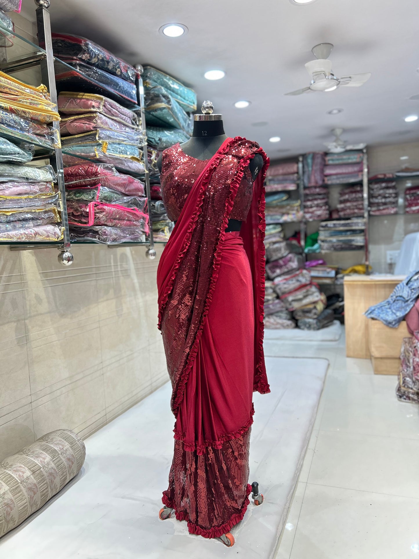 Glamorous cherry red drape ready to wear saree