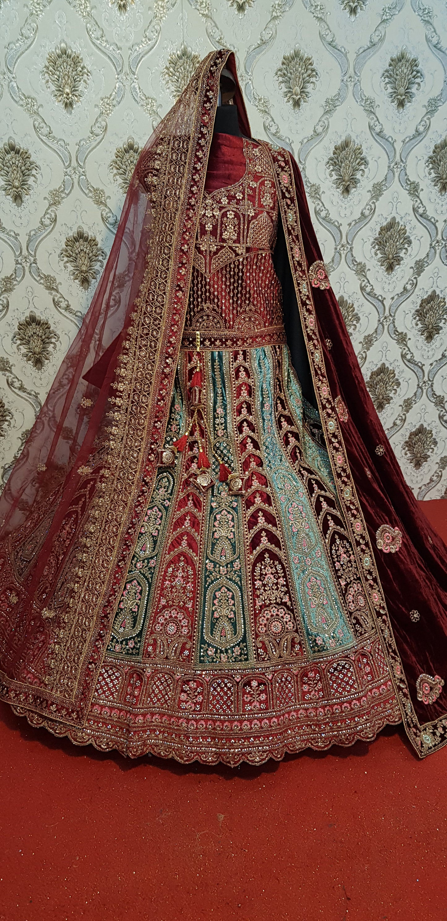 Fair blue maroon double dupatta bridal Lehenga