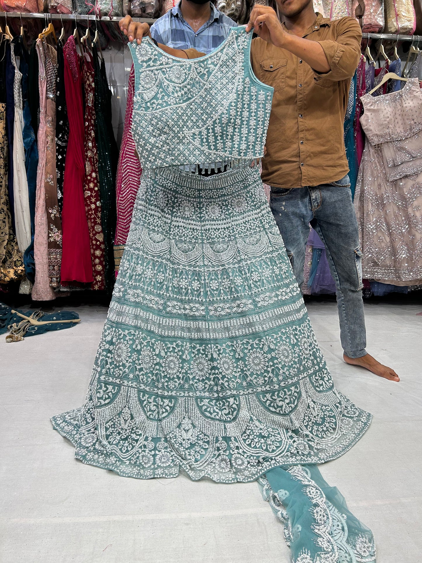 Something different light green Lehenga crop top dress