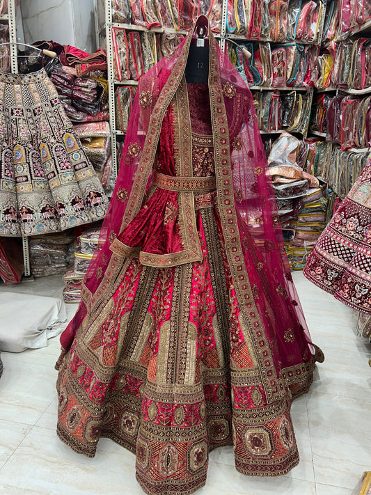 Hermosa dupatta doble roja Lehenga