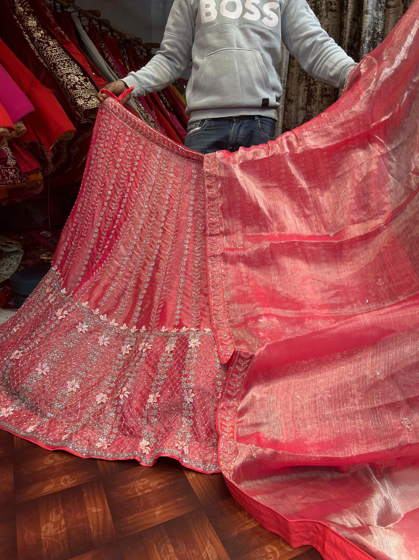 Amazing peach pink sequence handwork lehenga