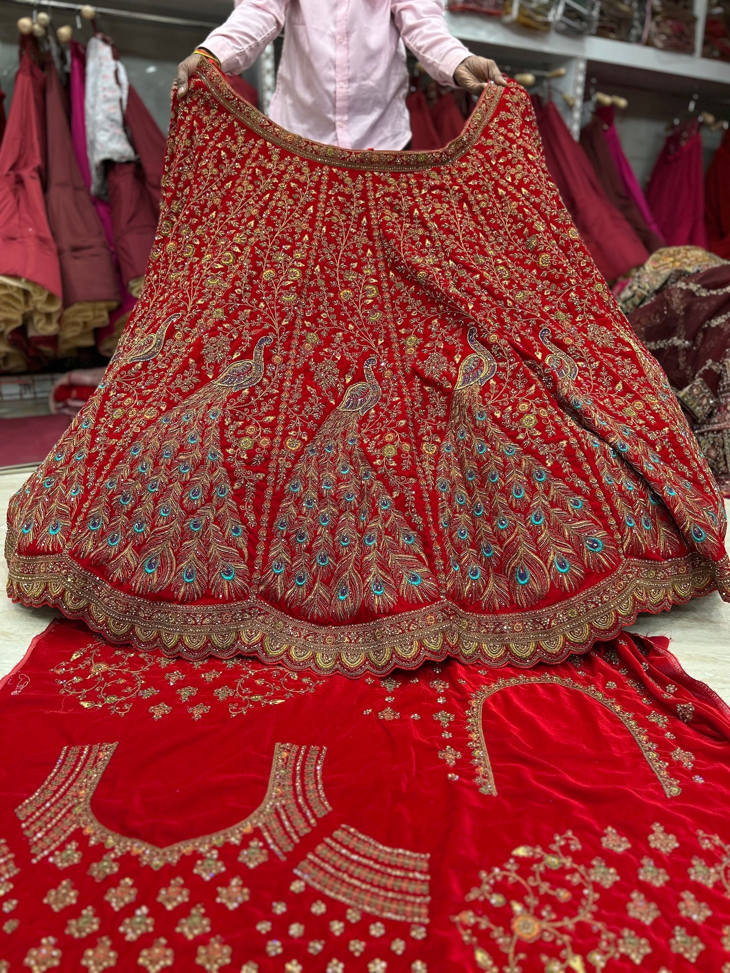 Wow red peacock bridal lehenga