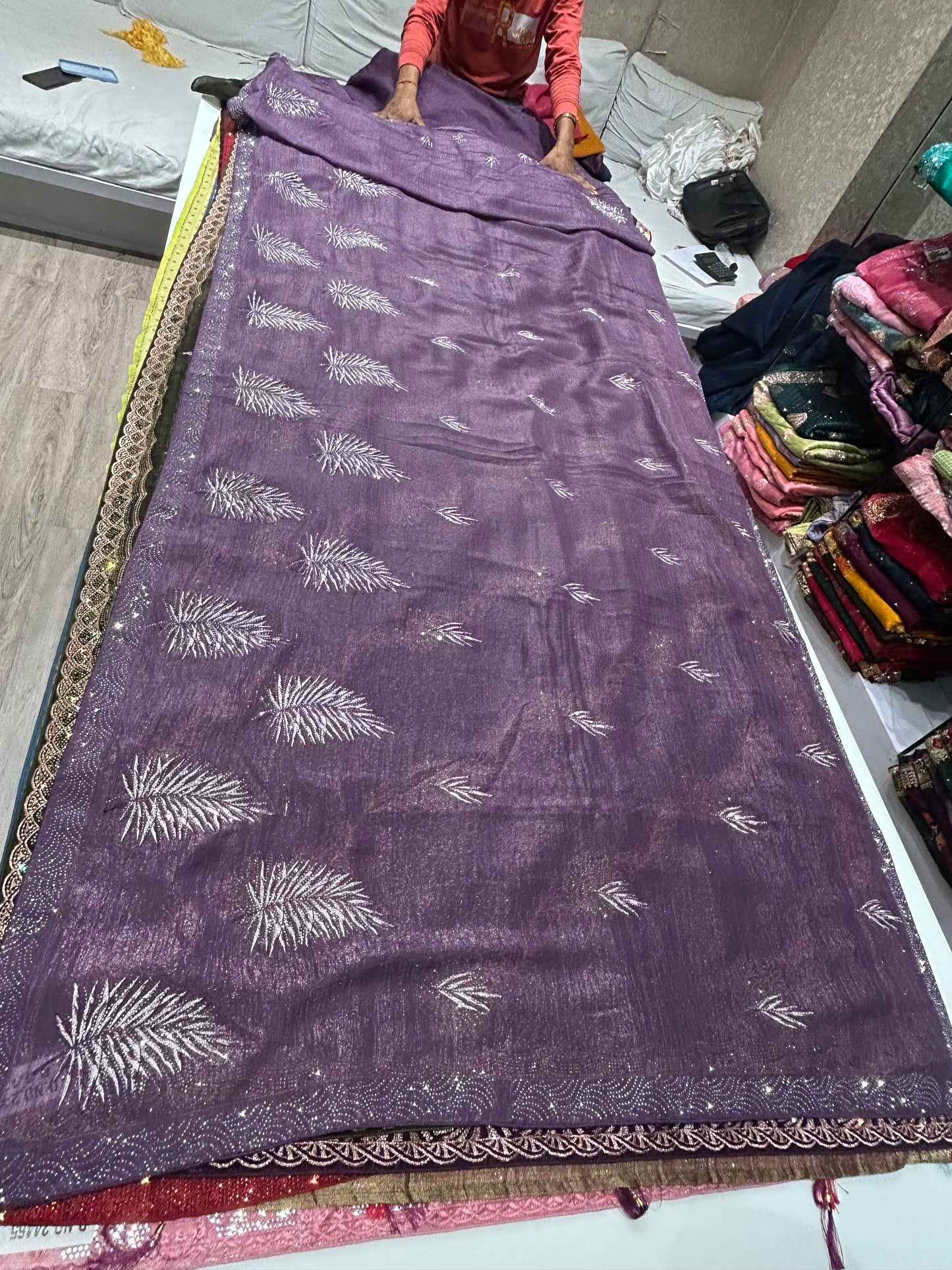 Trendy lilac purple leaf saree