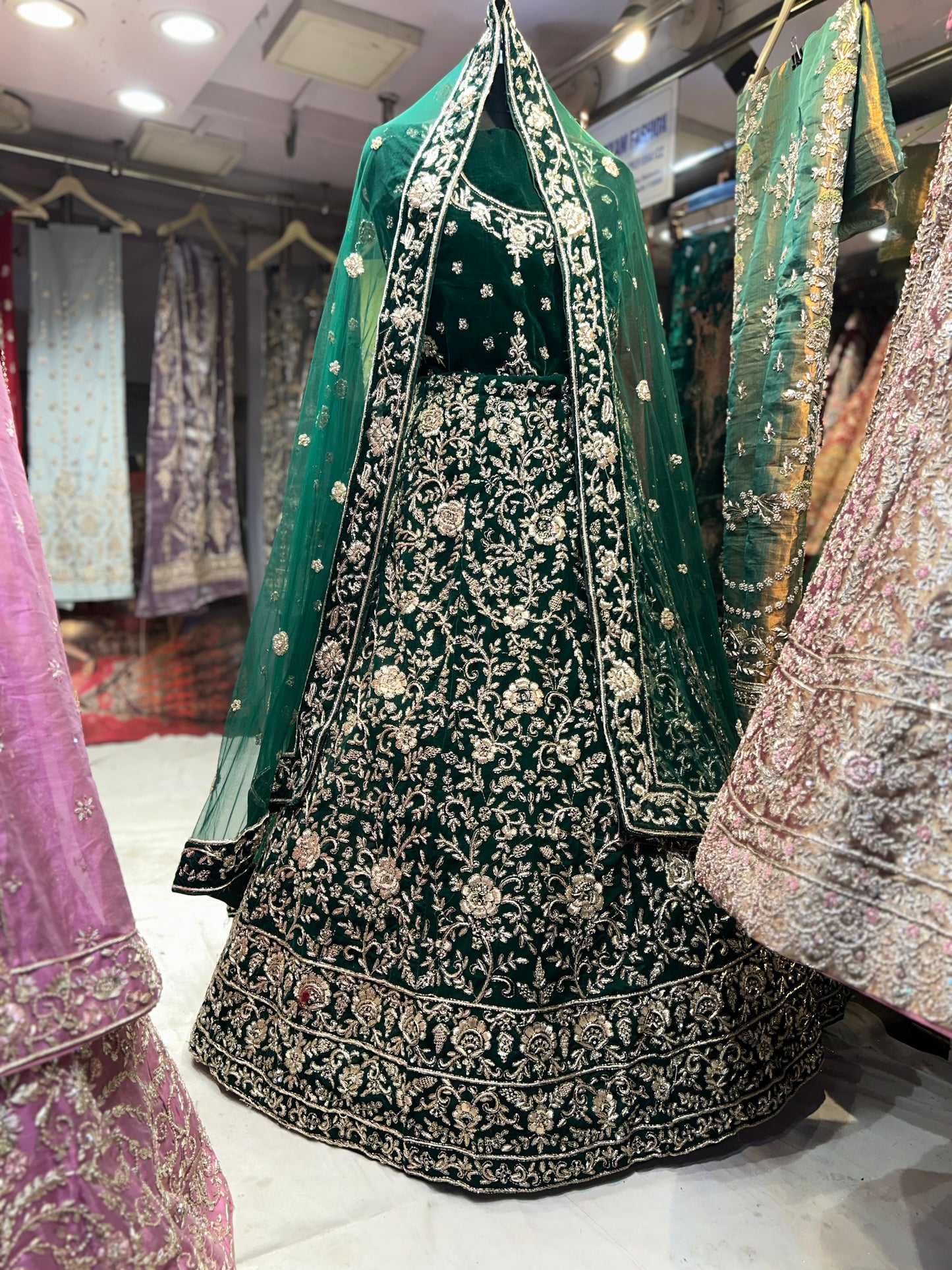 Beautiful Handmade Zardozi Dabka bottle green lehenga