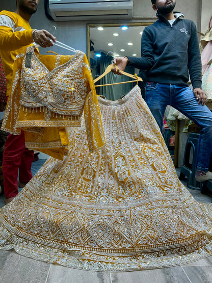 Charming yellow haldi mehendi crop top lehenga