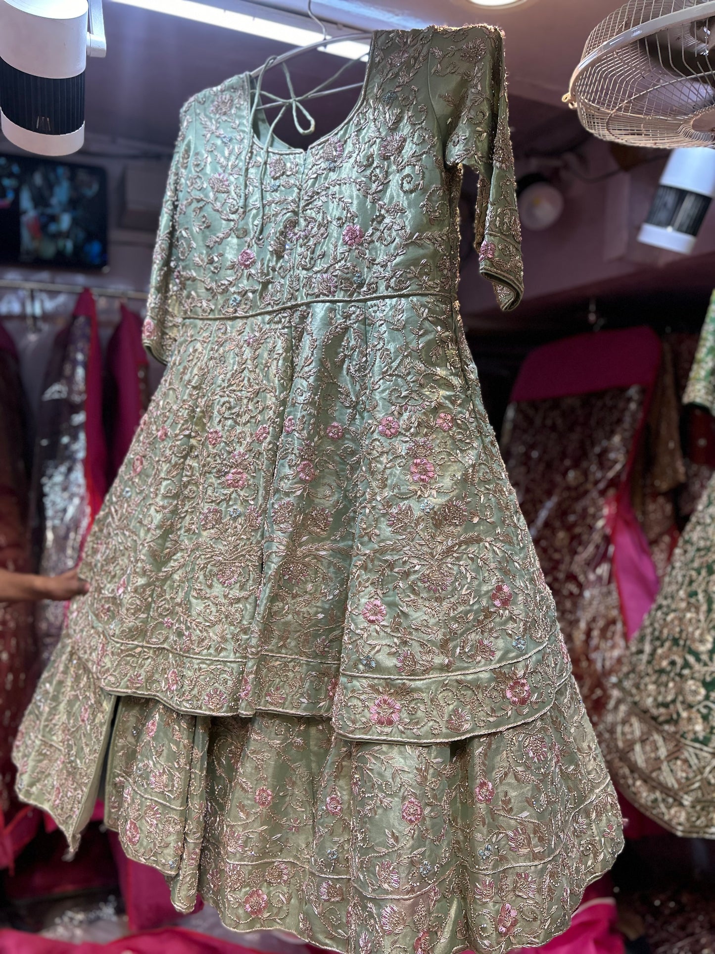 Awesome Pista green full sleeves Handmade Zardozi Dabka Peplum long Dress Farshi Gaharara Pakistani Bridal Dress Muslim Special