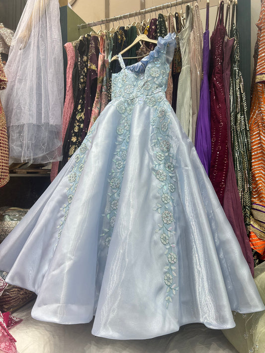 Majestic sky blue flower print long dress gown