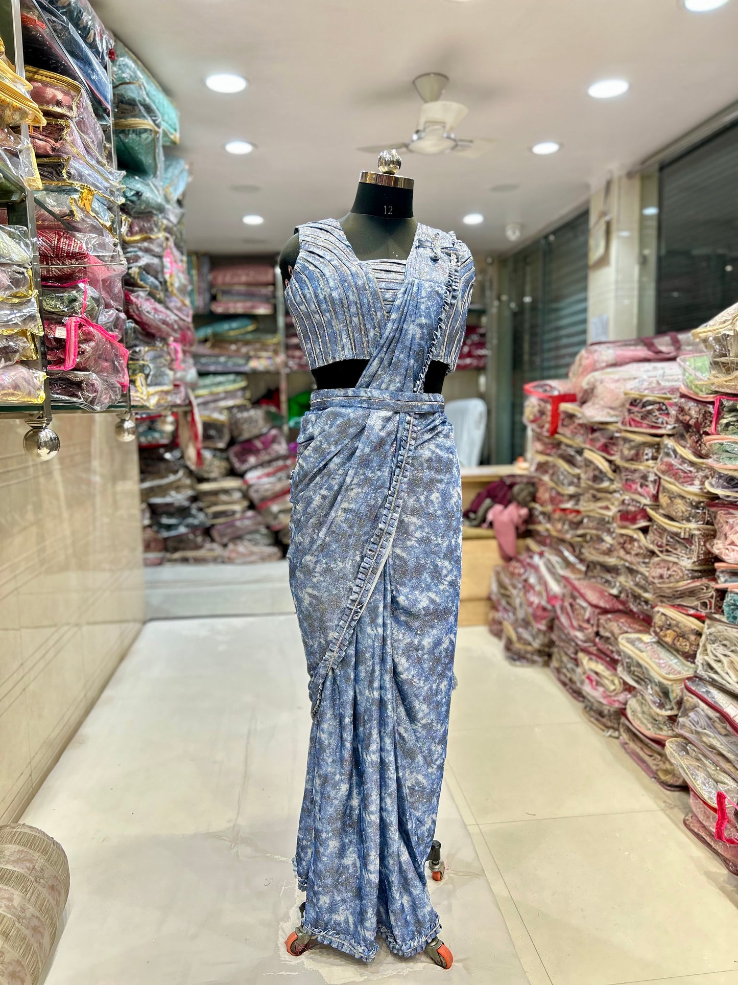 Fantastic glitter blue drape ready to wear saree