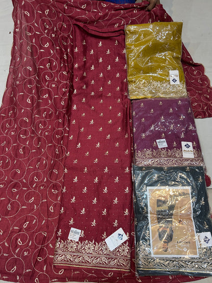 Glamorous maroon unstitched salwar suit dress material(free size)