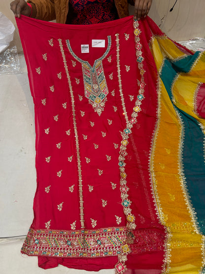 Red yellow Fancy women Unstitched Suit