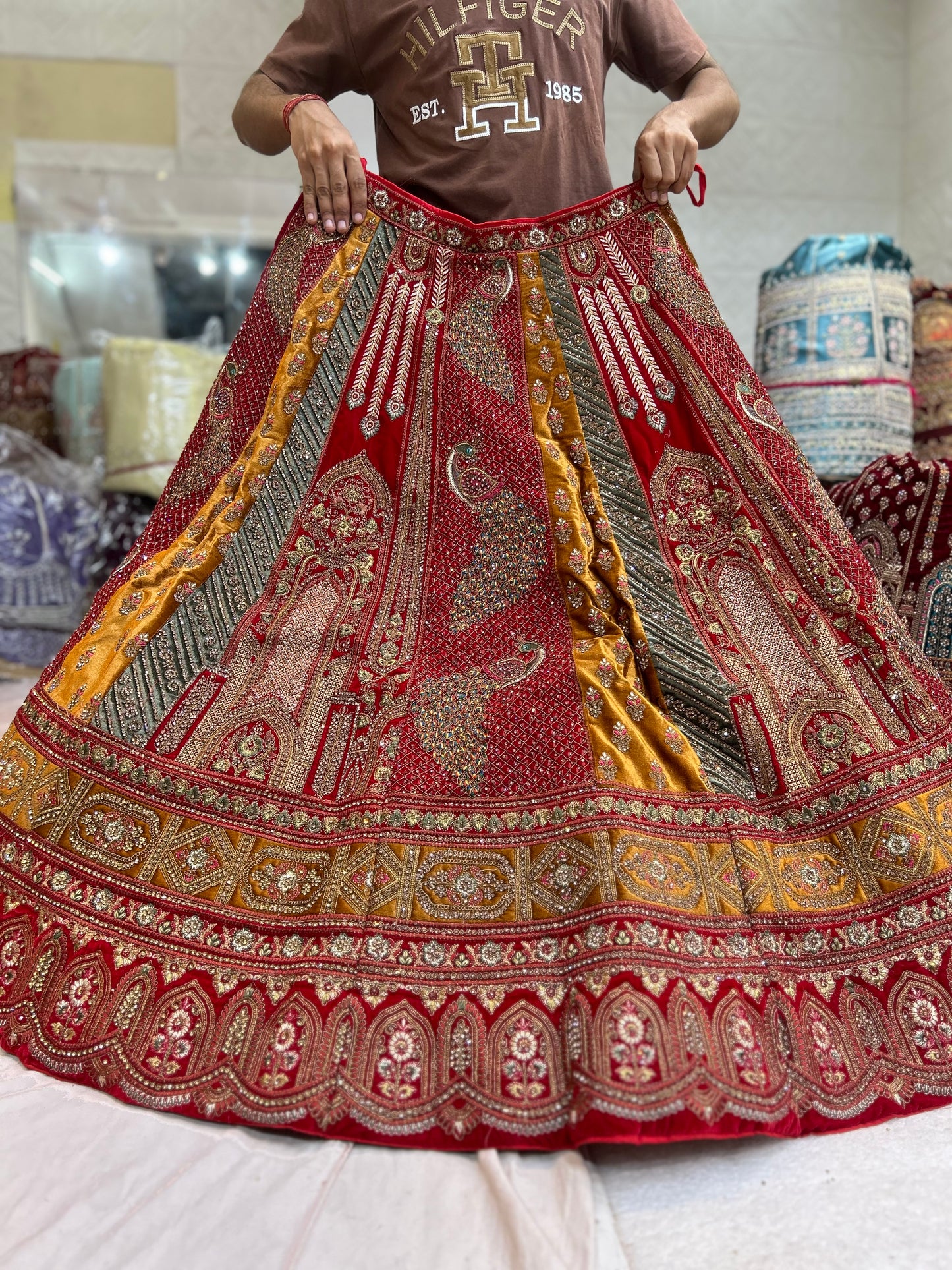 Pleasing peacock Handwork red bridal lehenga