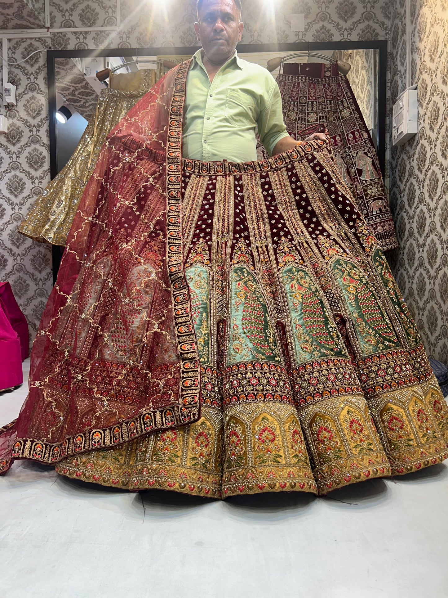 Ball Bridal Maroon blue mustard Lehenga