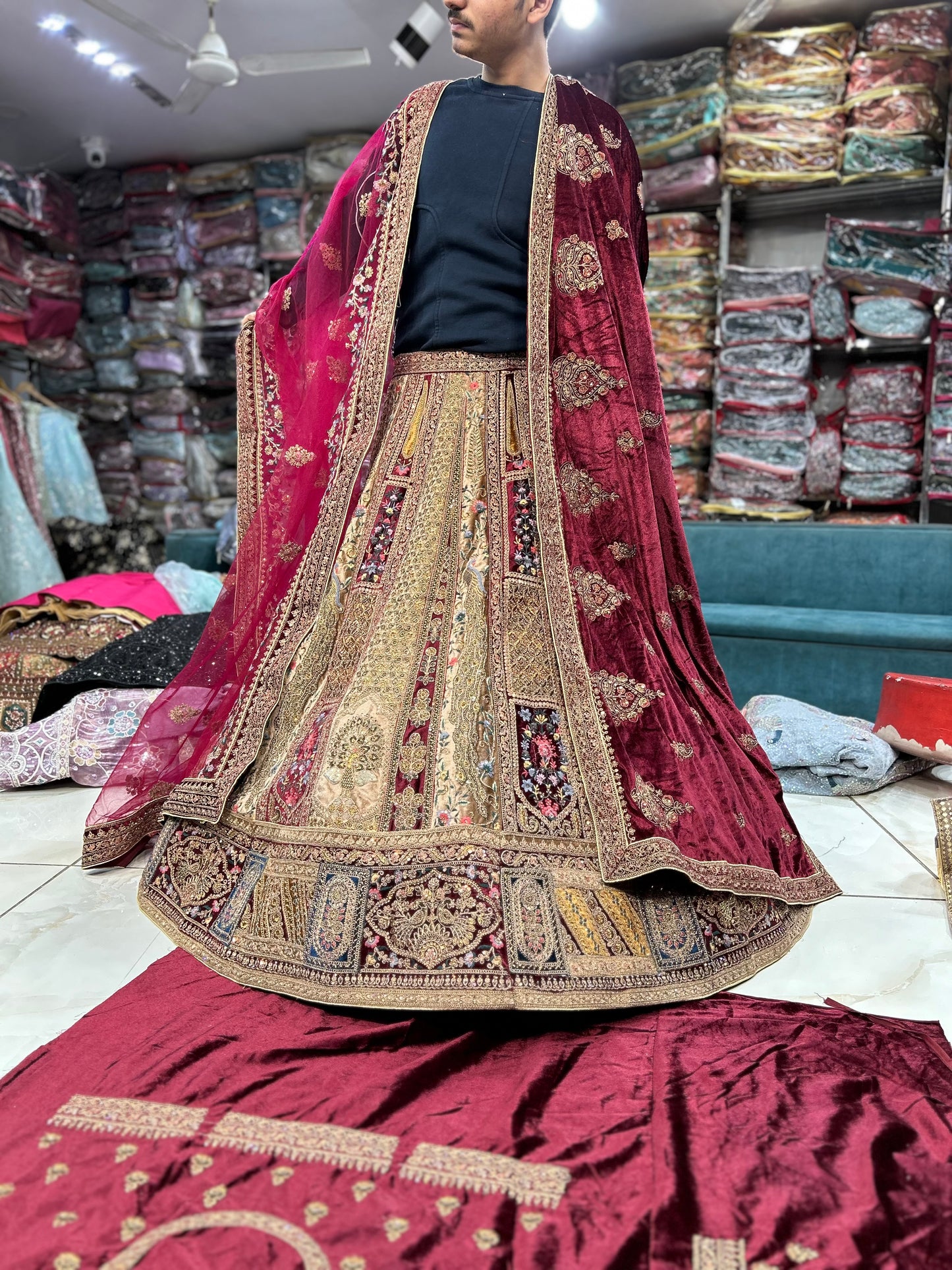 Attractive maroon double duptta bridal lehenga