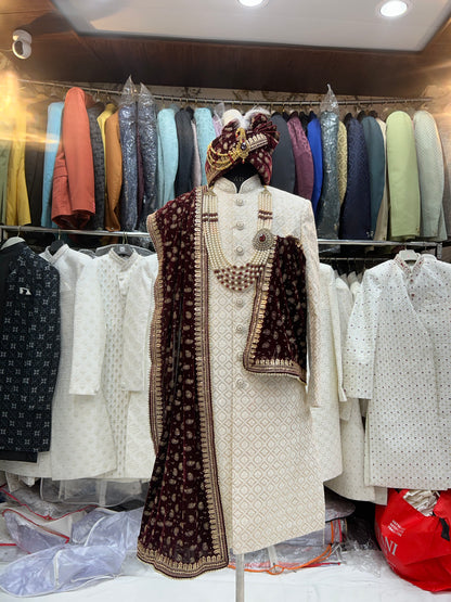 Glamorous white maroon sherwani