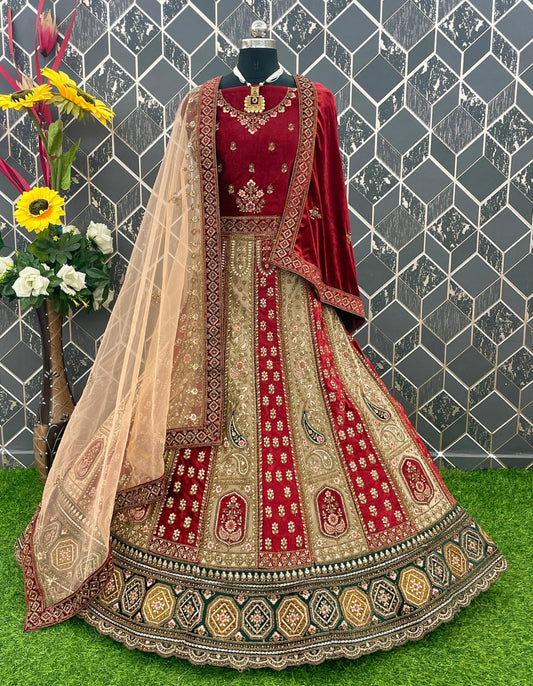 Impresionante lehenga nupcial de estilo dupatta doble color granate y pavo real