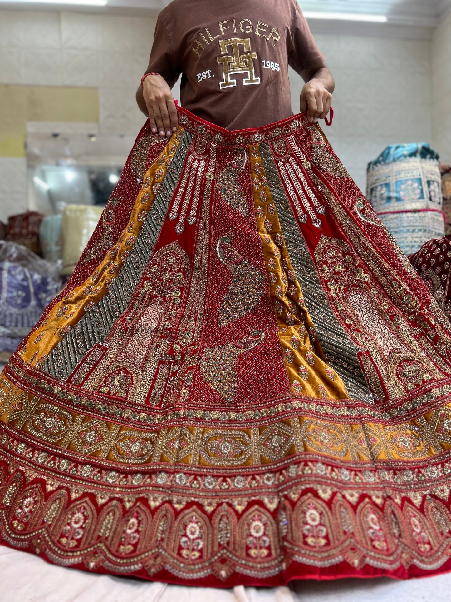 Pleasing peacock Handwork red bridal lehenga