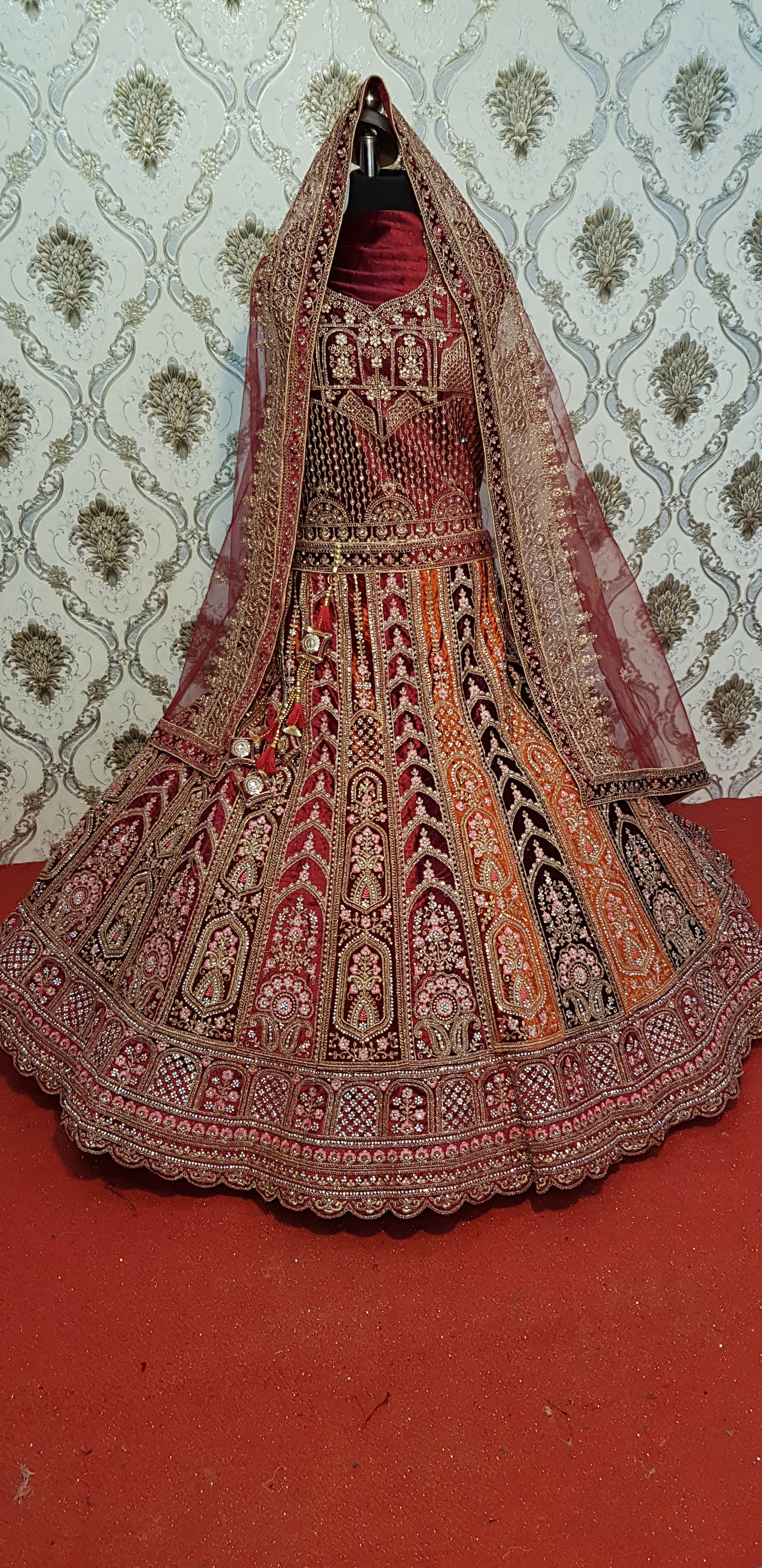 Good looking maroon golden mustard Double dupatta bridal Lehenga