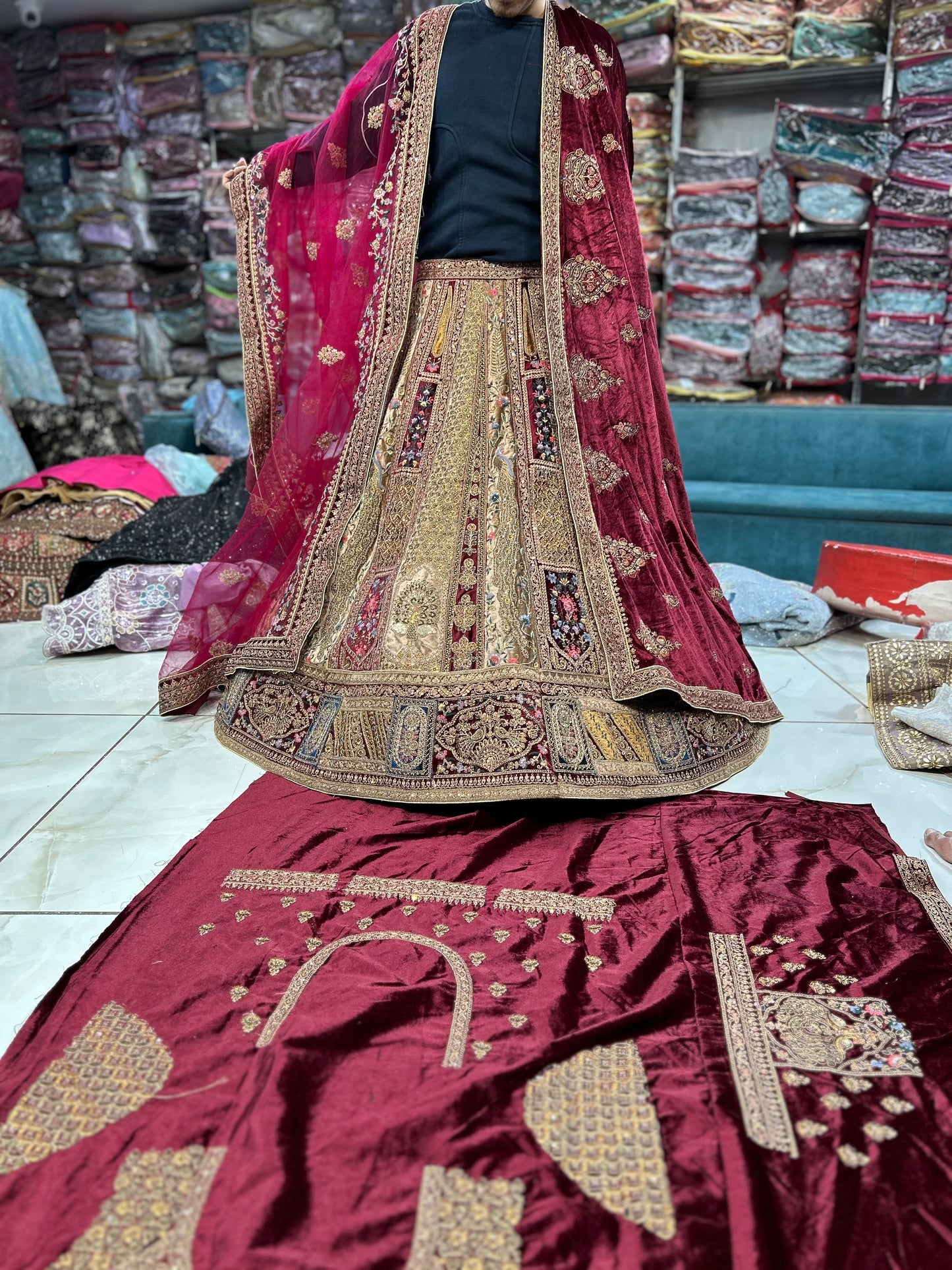 Attractive maroon double duptta bridal lehenga