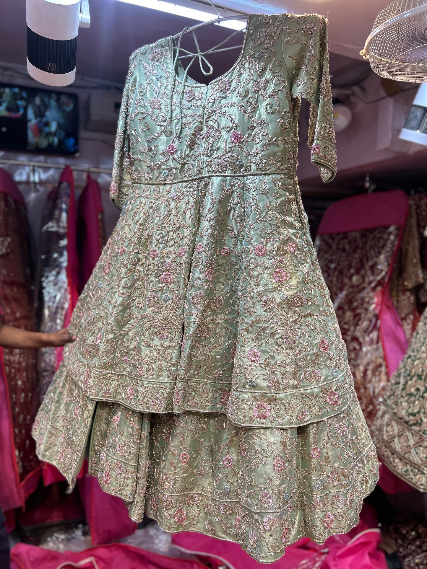 Awesome Pista green full sleeves Handmade Zardozi Dabka Peplum long Dress Farshi Gaharara Pakistani Bridal Dress Muslim Special