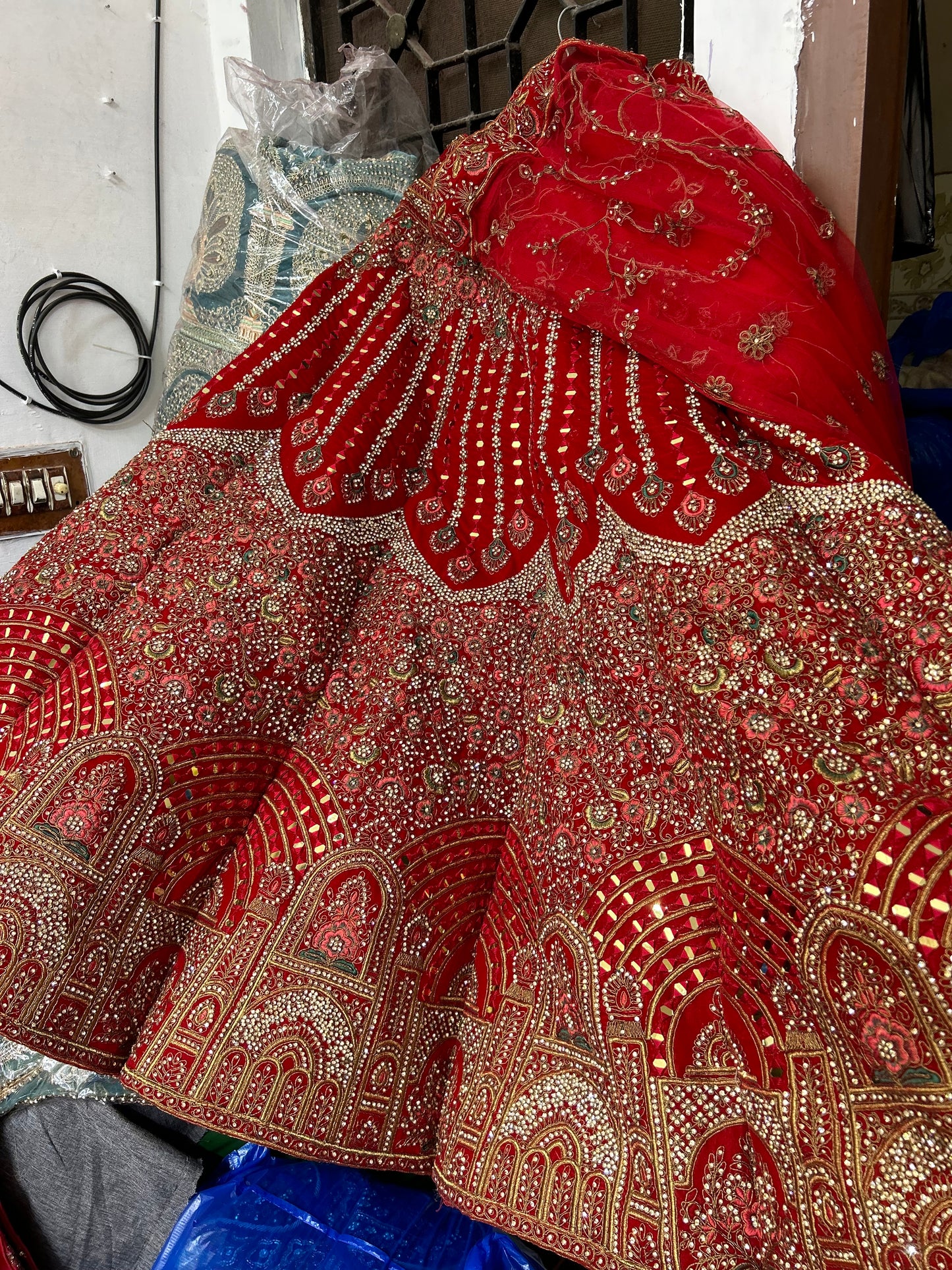 Designer Ball lehenga Red Jhumka