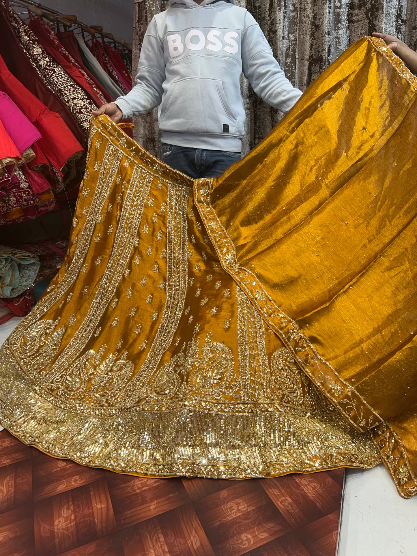 Tremendous golden mustard handwork lehenga