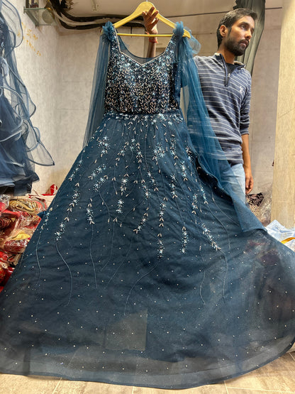 Astonishing heavy blue long dress gown