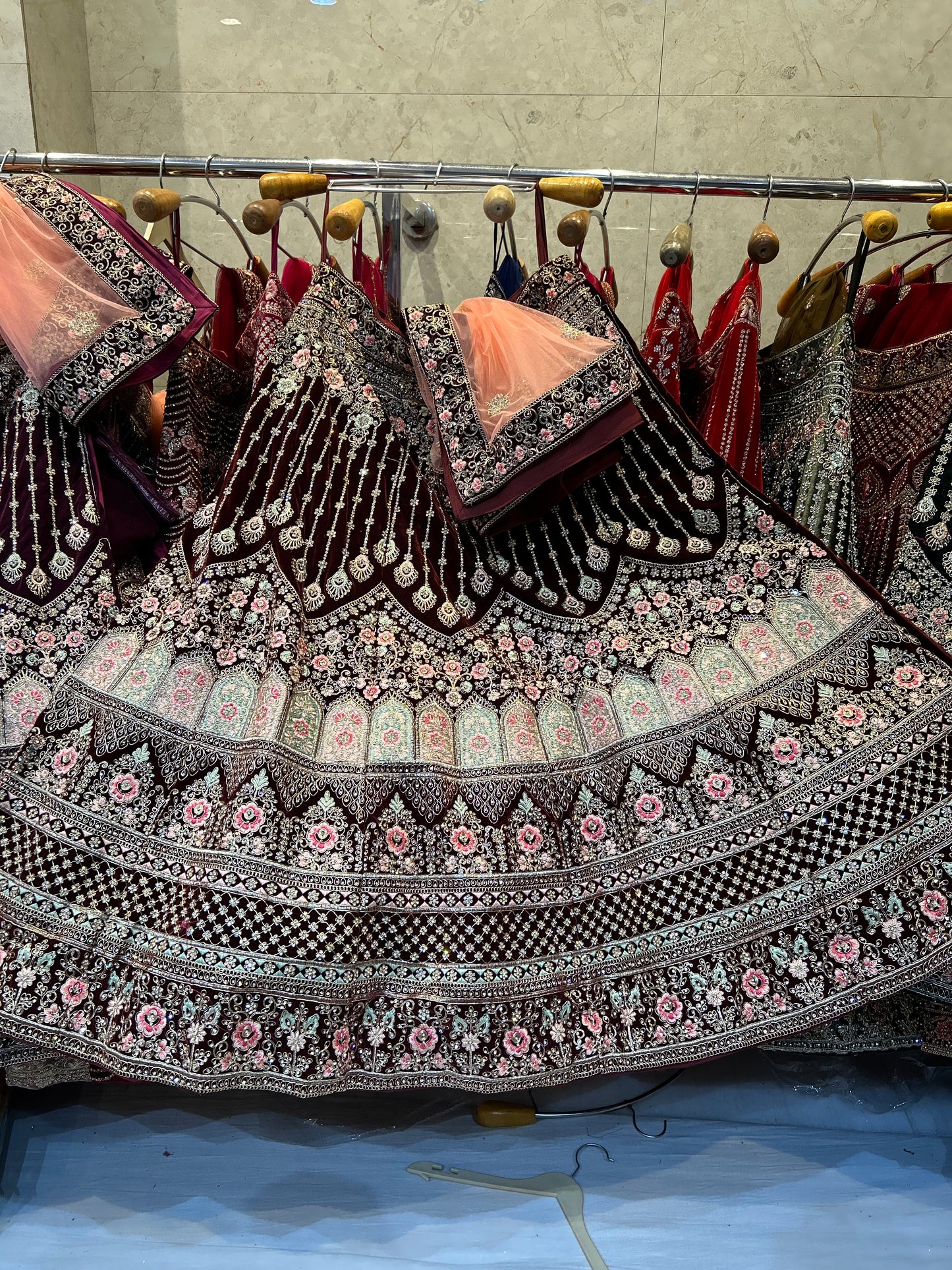 Designer maroon Jhumka lehenga