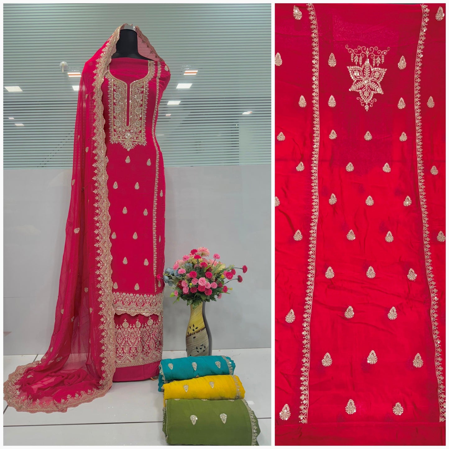 Astonishing red unstitched Salwar suits dress material (free size)