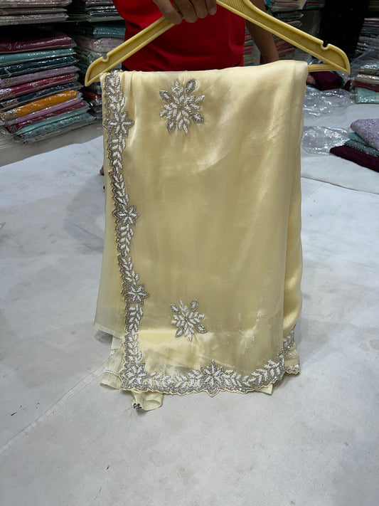 Fabulous light yellow peach fancy saree