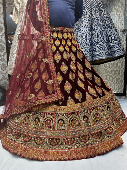 Heavy handwork 5 cut corset blouse Maroon Bridal Lehenga