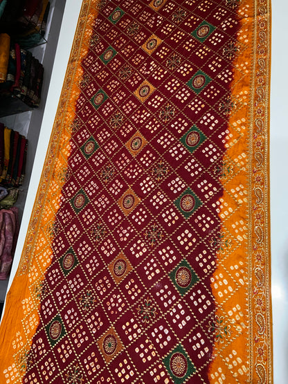 Glamorous Bandhani print mustard maroon saree