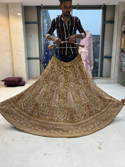 Gajab Handwork Bel Bel Multi work Green Mustard Lehenga