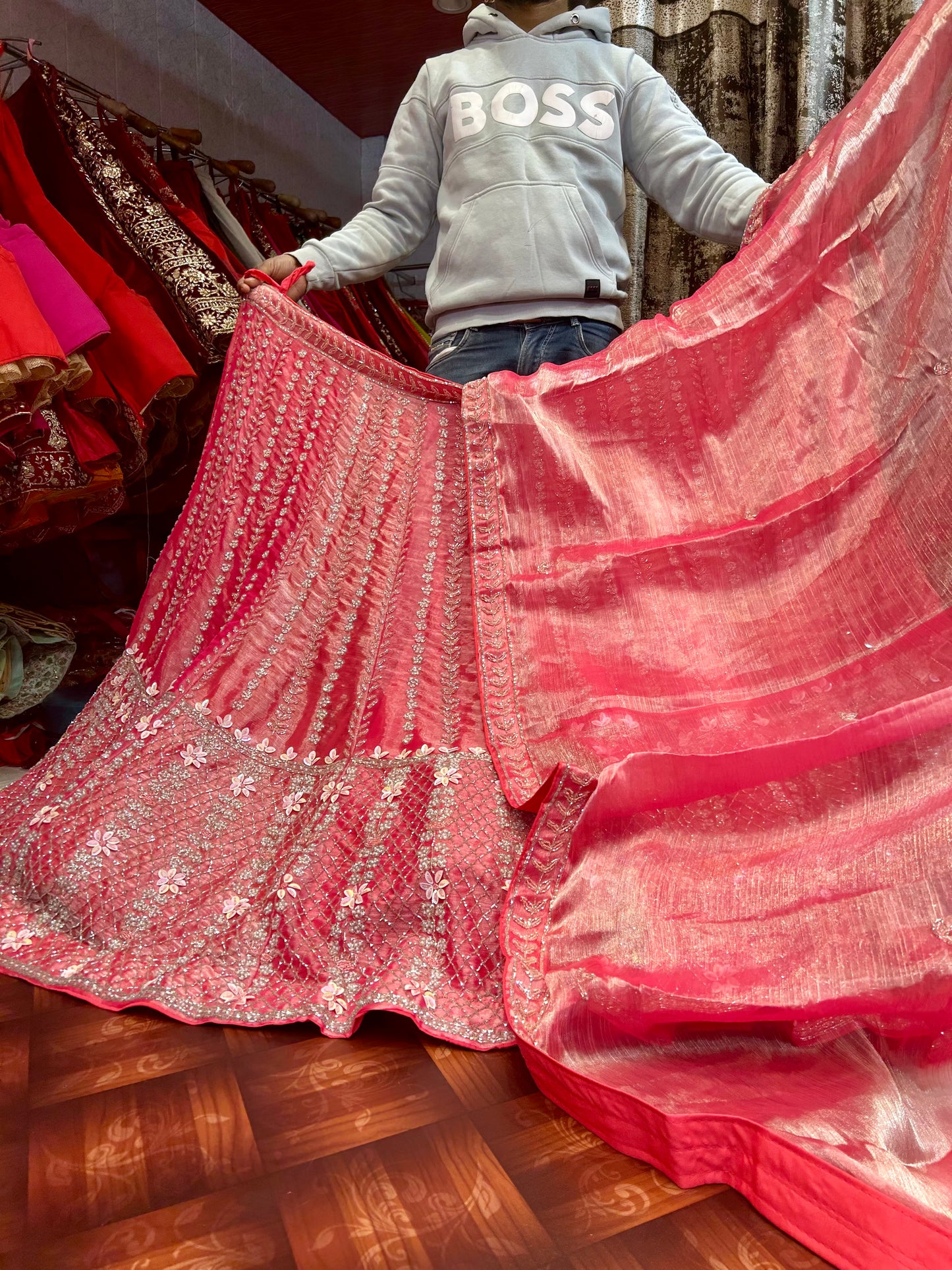 Amazing peach pink sequence handwork lehenga