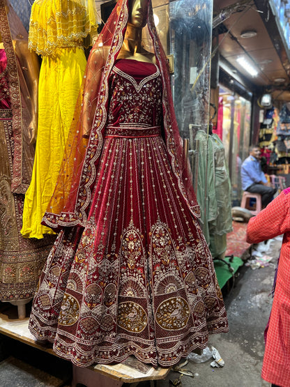 Beautiful Bridal Maroon Handwork Lehenga