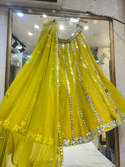 Yellow haldi mehendi mirror work Lehenga