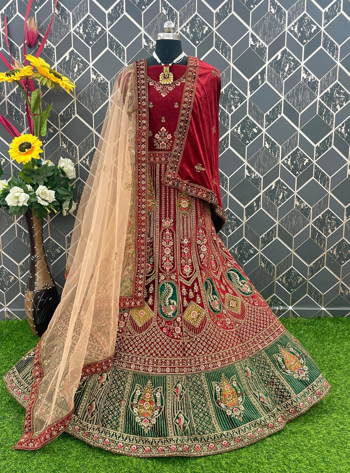 Stunning maroon double dupatta bridal Lehenga