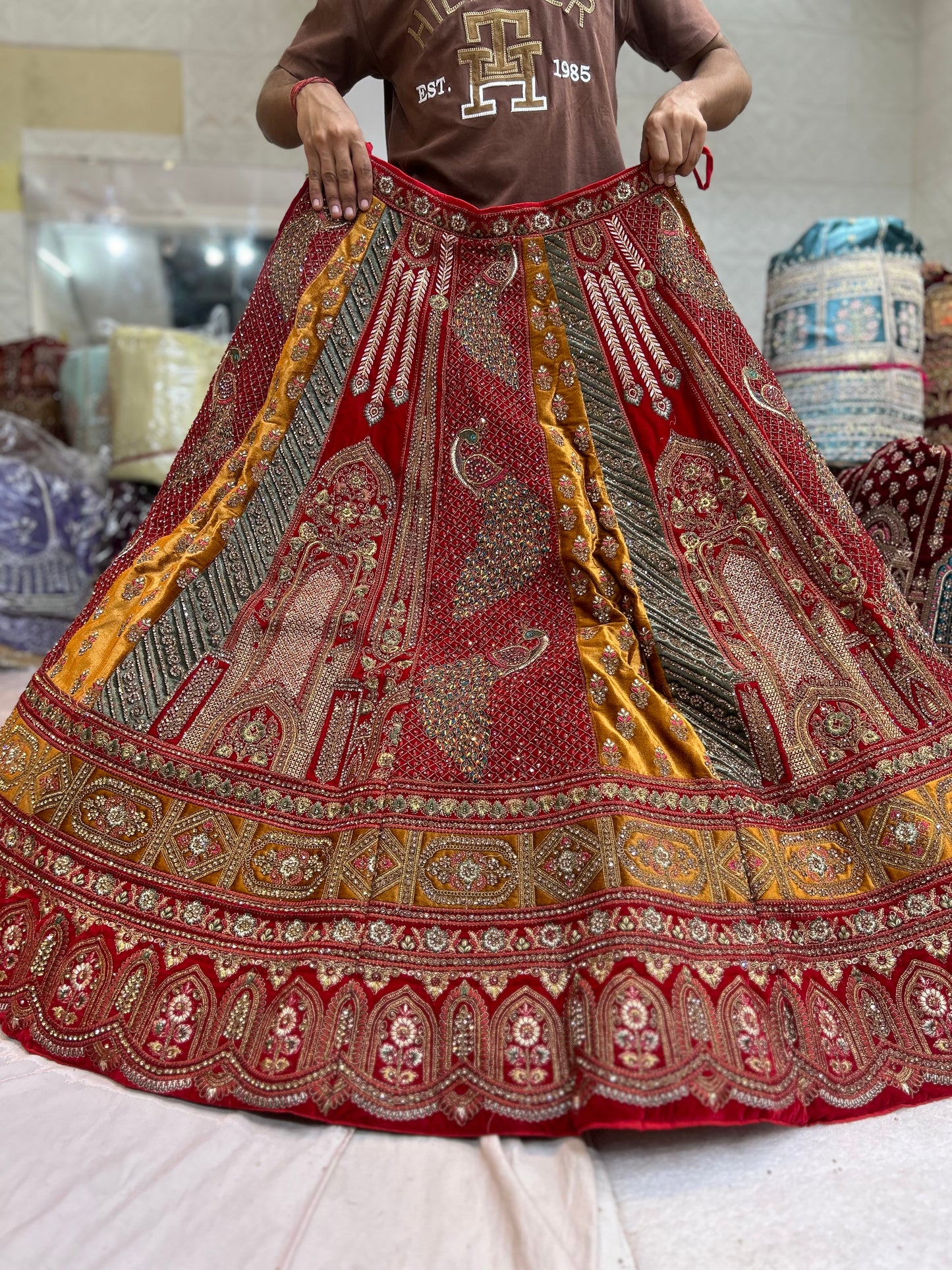 Pleasing peacock Handwork red bridal lehenga