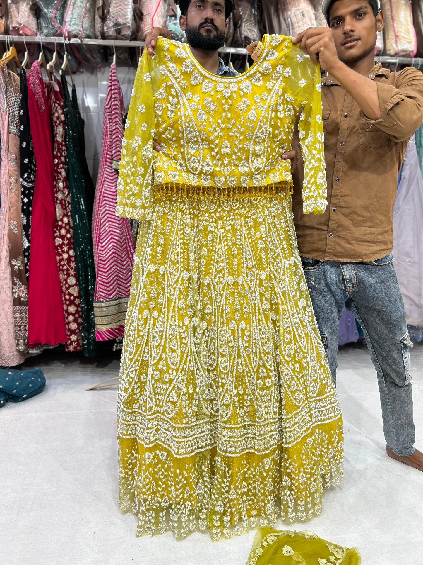 Golden yellow crop top dress Lehenga