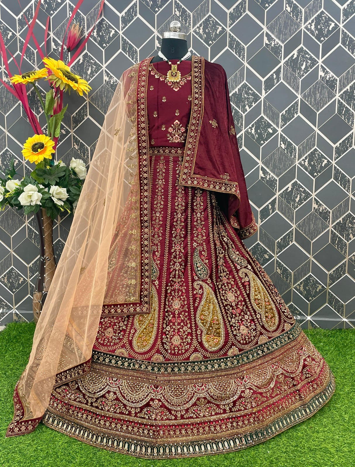 Charming peacock maroon double dupatta bridal Lehenga