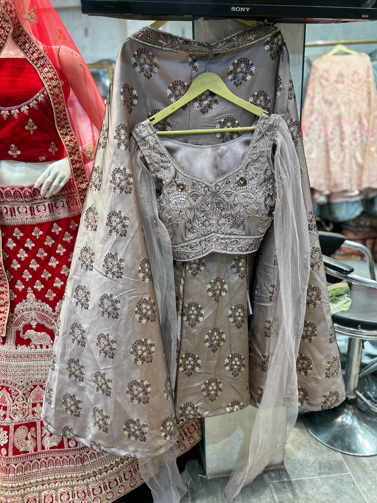 Elegant grey pink Lehenga crop top