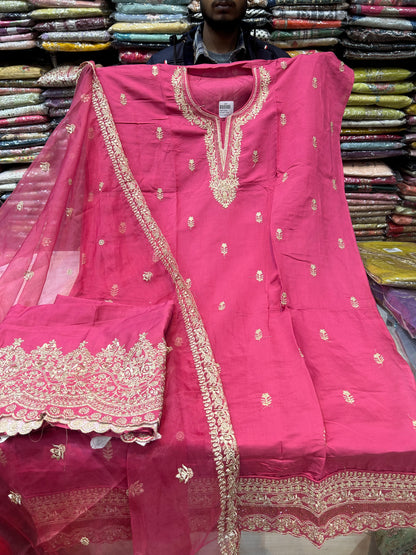 Elegant pink unstitched salwar suit dress material(free size)