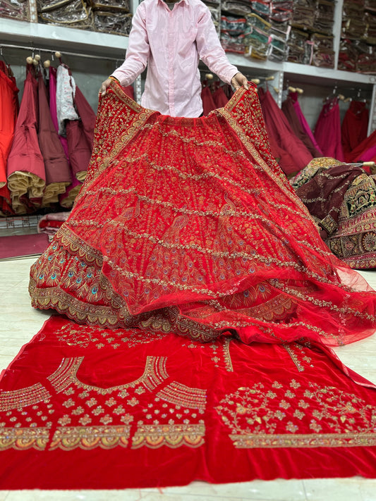 Guau, lehenga nupcial de pavo real rojo