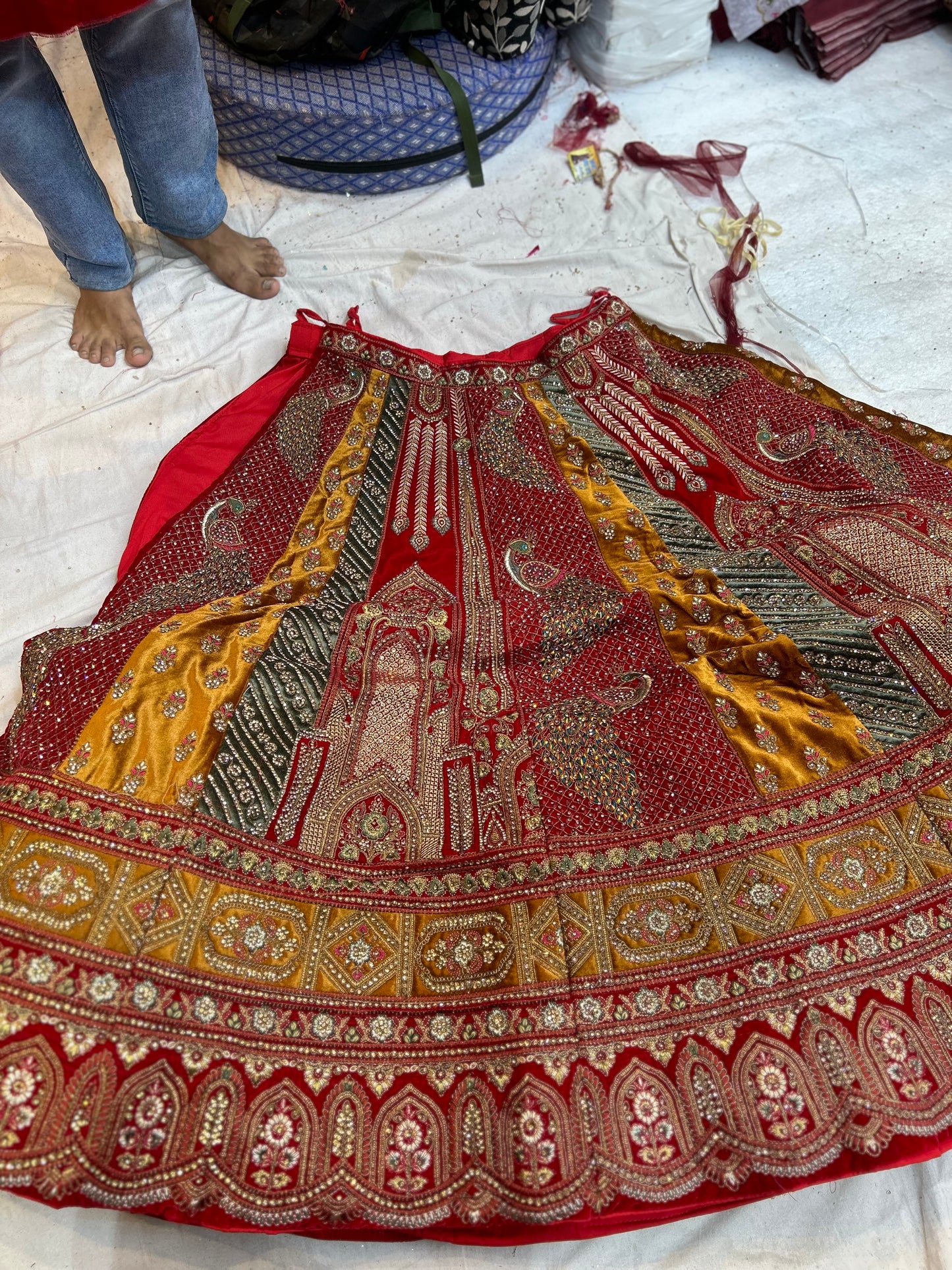 Pleasing peacock Handwork red bridal lehenga