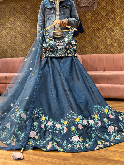 Eye catching dark blue crop top lehenga