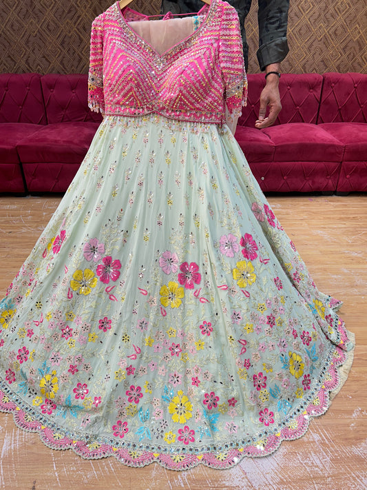 Fabulous sky blue pink blouse crop top Lehenga