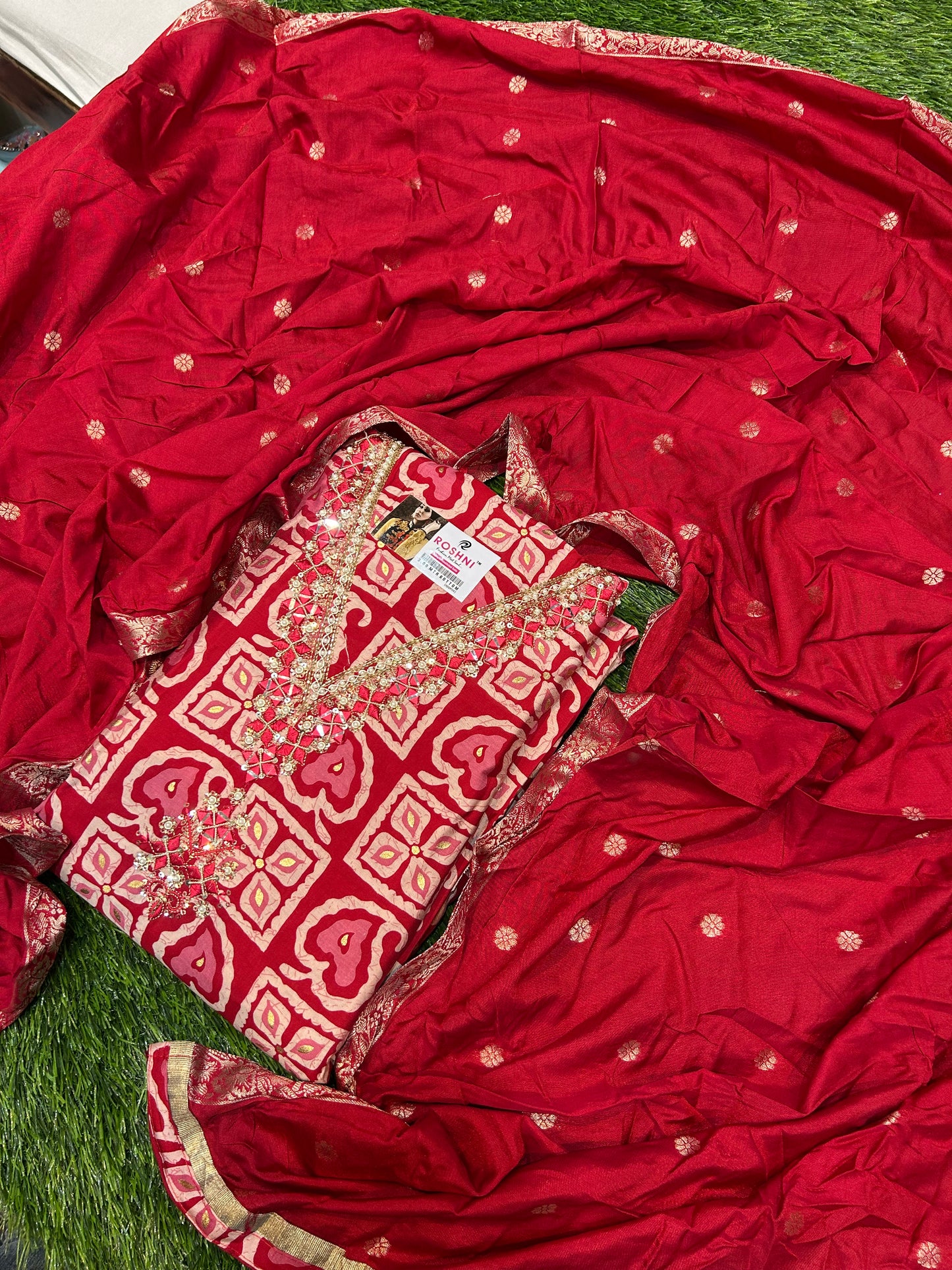 Pretty red unstitched salwar suit dress material(free size)