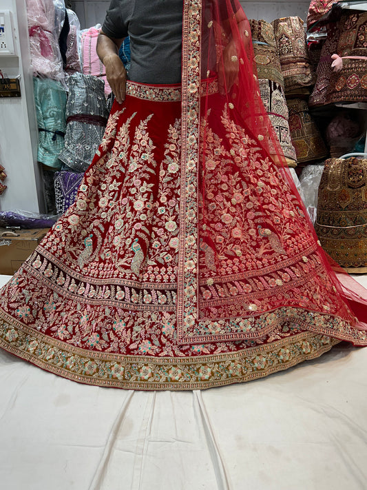 Hot Red multi bel Lehenga