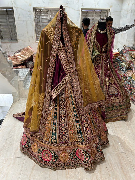 Preciosa lehenga dupatta doble en color mostaza granate